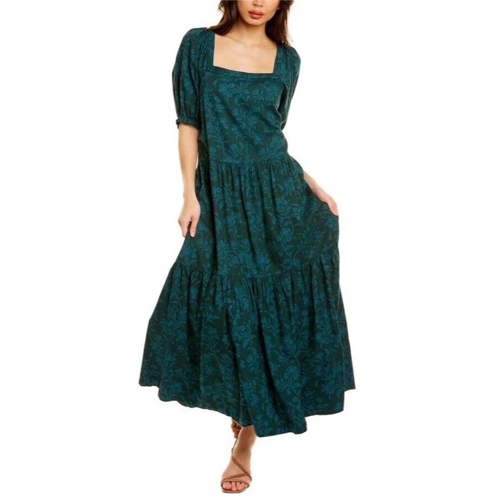 Faherty Somerset Emerald Green Floral Maxi Dress M Bohemian Organic Cotton